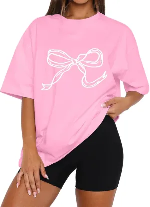 Women Bow Print Oversized Tee Shirt Tops Casual Crewneck Short Sleeve Drop Shoulder Graphic T-Shirts Going Out Top