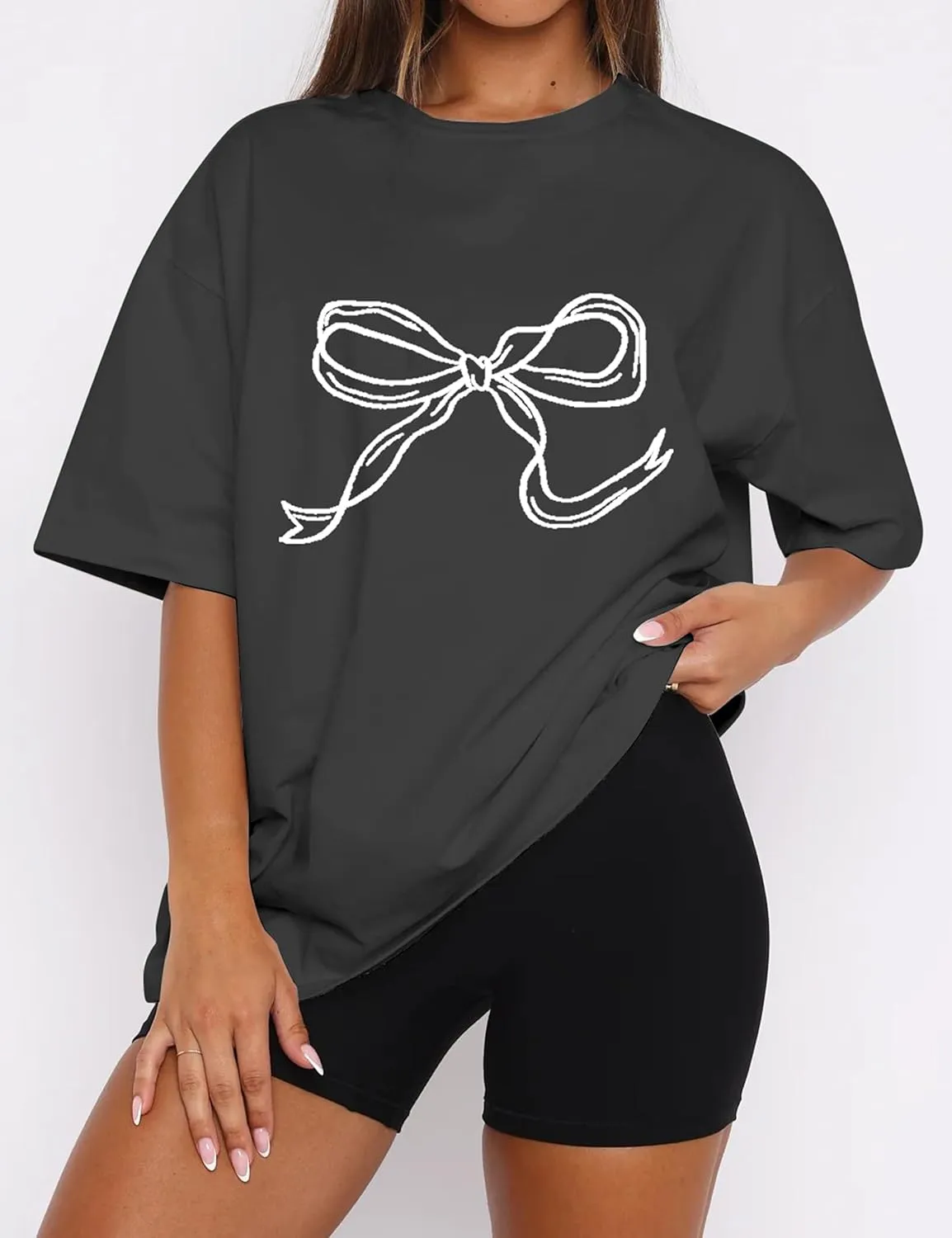Women Bow Print Oversized Tee Shirt Tops Casual Crewneck Short Sleeve Drop Shoulder Graphic T-Shirts Going Out Top