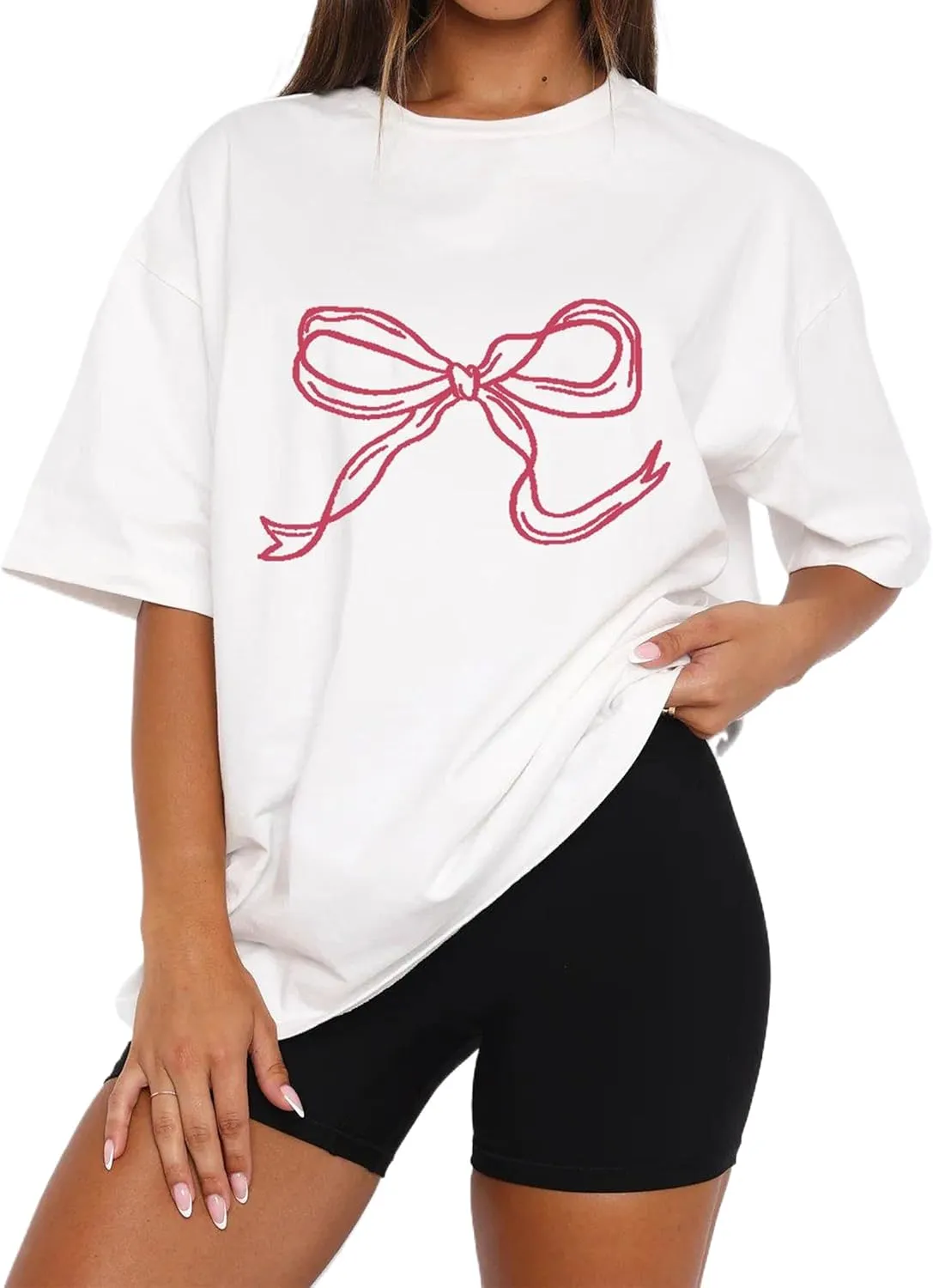 Women Bow Print Oversized Tee Shirt Tops Casual Crewneck Short Sleeve Drop Shoulder Graphic T-Shirts Going Out Top