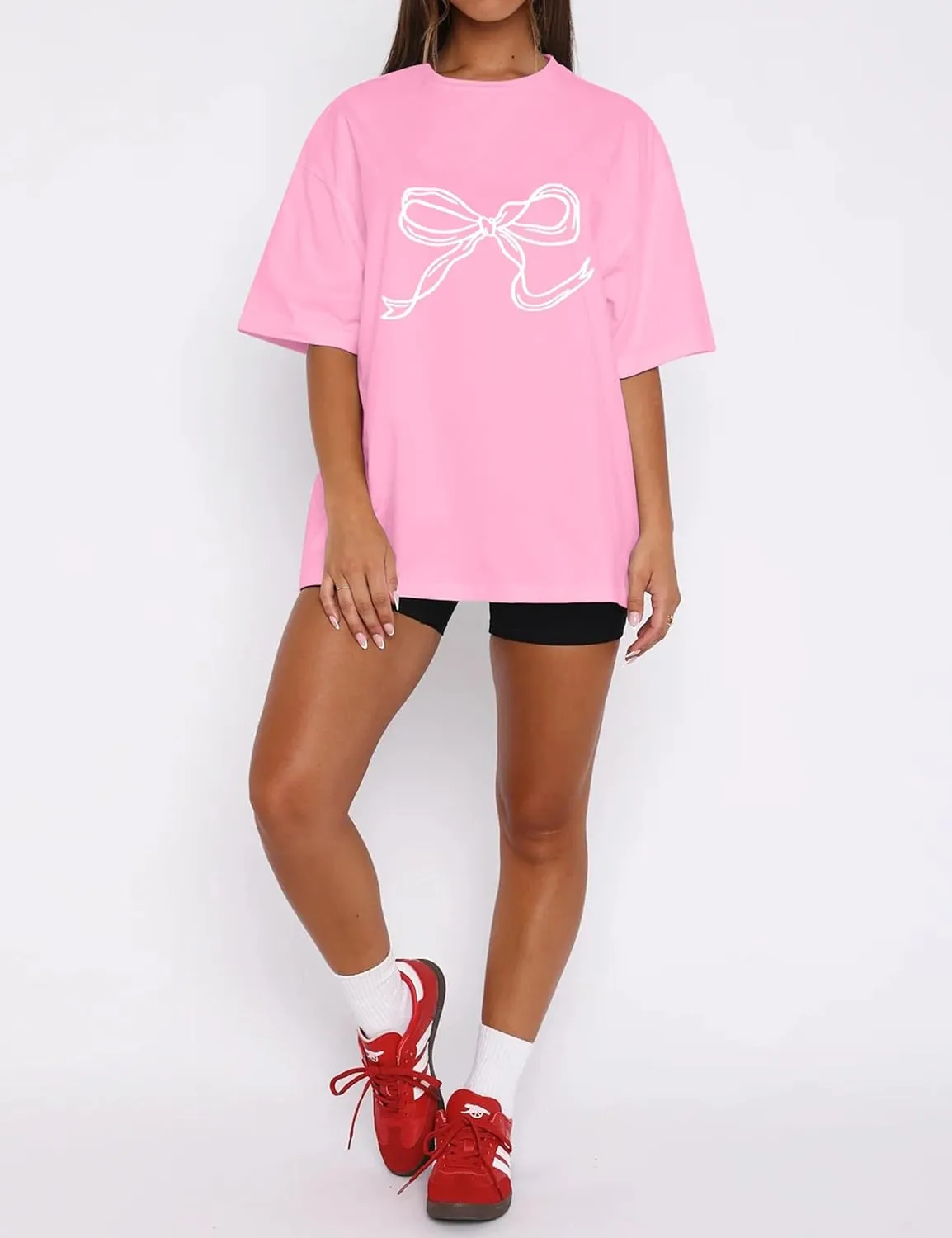 Women Bow Print Oversized Tee Shirt Tops Casual Crewneck Short Sleeve Drop Shoulder Graphic T-Shirts Going Out Top