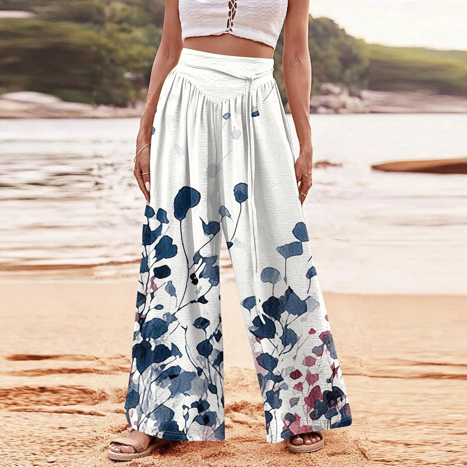 Women Casual High Waist Wide Leg Pants Fall Floral Long Lounge Beach Trousers Drawstring Flowy Baggy Palazzo