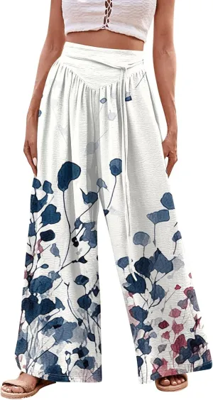 Women Casual High Waist Wide Leg Pants Fall Floral Long Lounge Beach Trousers Drawstring Flowy Baggy Palazzo