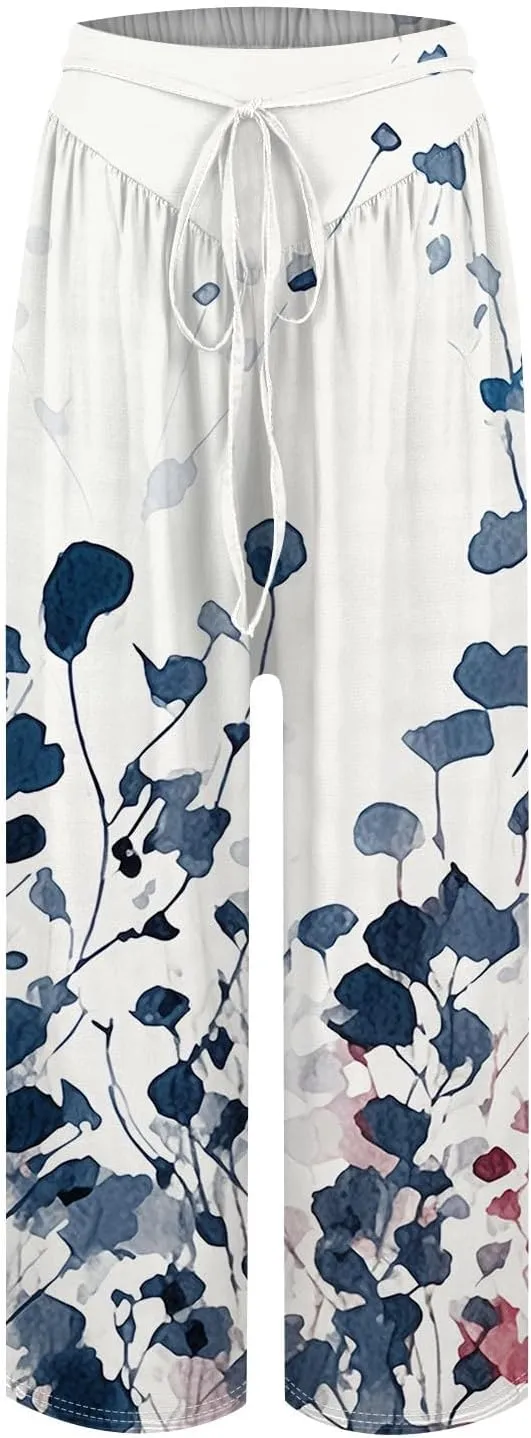 Women Casual High Waist Wide Leg Pants Fall Floral Long Lounge Beach Trousers Drawstring Flowy Baggy Palazzo