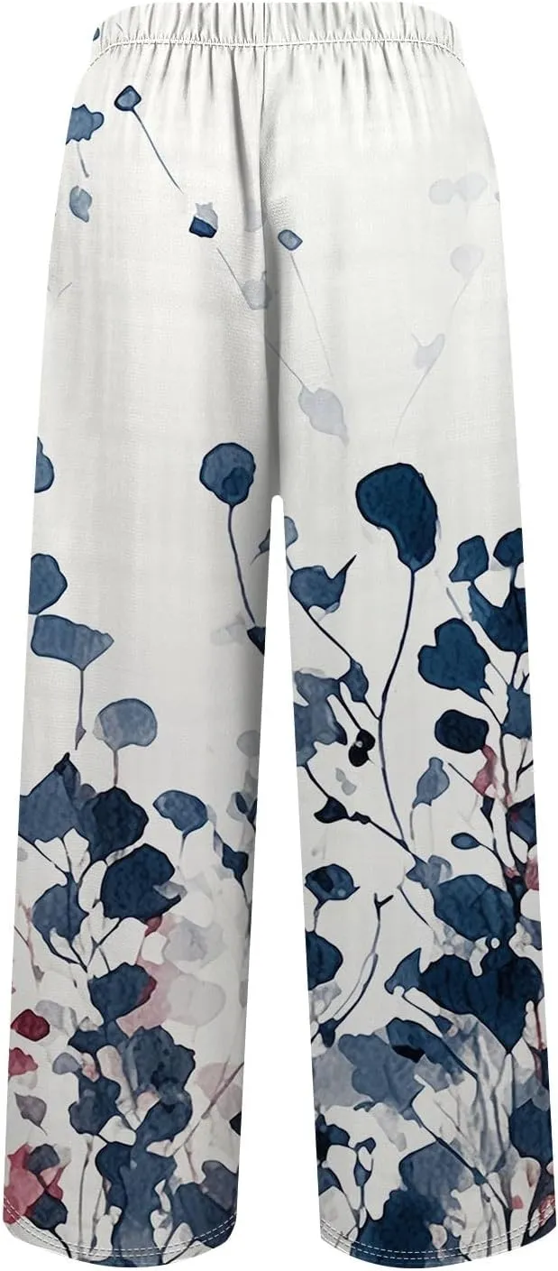 Women Casual High Waist Wide Leg Pants Fall Floral Long Lounge Beach Trousers Drawstring Flowy Baggy Palazzo