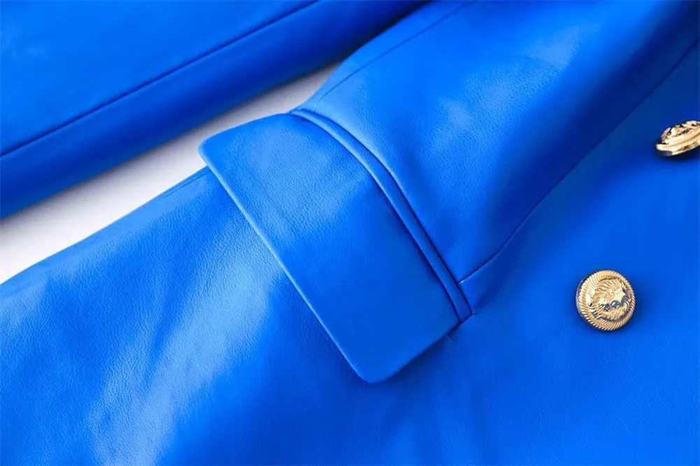 Women High Street Motorcycle PU Leather Biker Jackets Notched Lapel Gold Buttons Slim Blazers