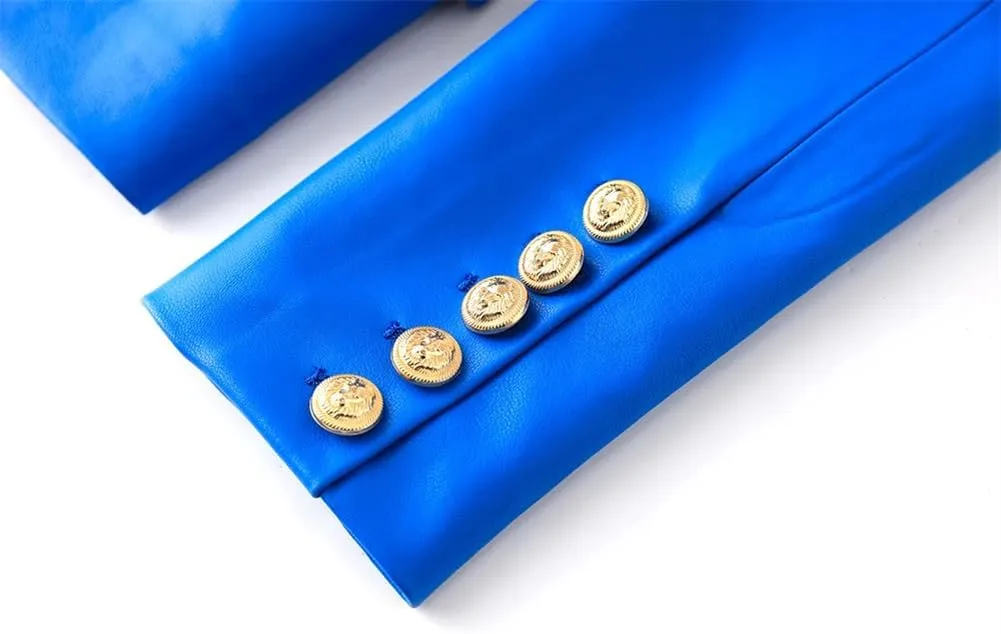 Women High Street Motorcycle PU Leather Biker Jackets Notched Lapel Gold Buttons Slim Blazers