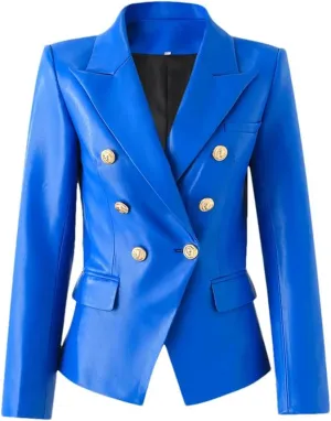 Women High Street Motorcycle PU Leather Biker Jackets Notched Lapel Gold Buttons Slim Blazers