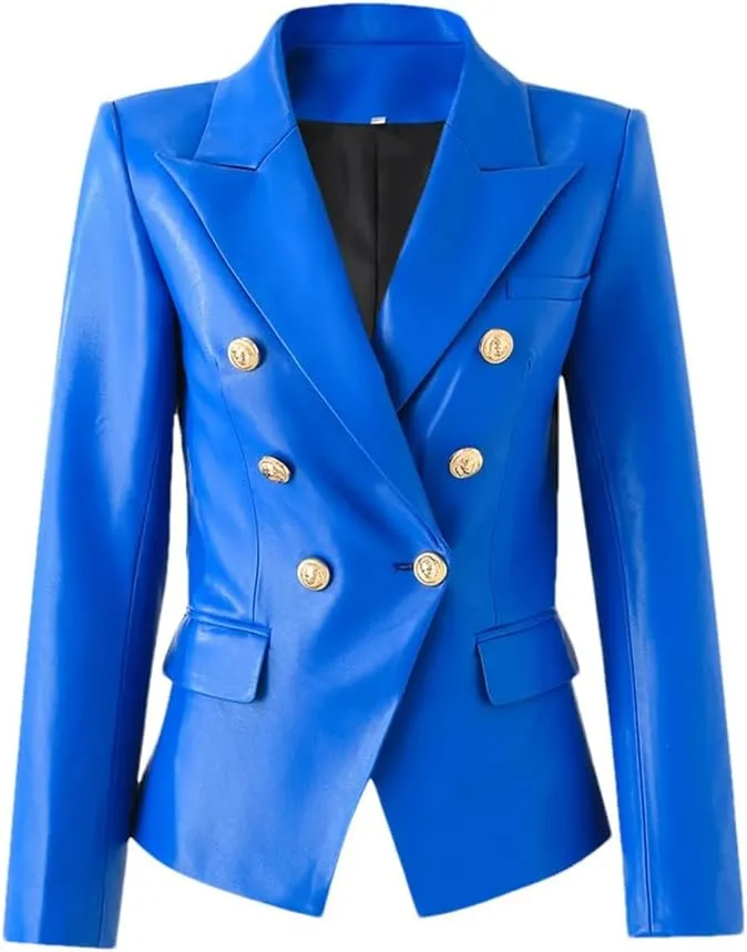 Women High Street Motorcycle PU Leather Biker Jackets Notched Lapel Gold Buttons Slim Blazers