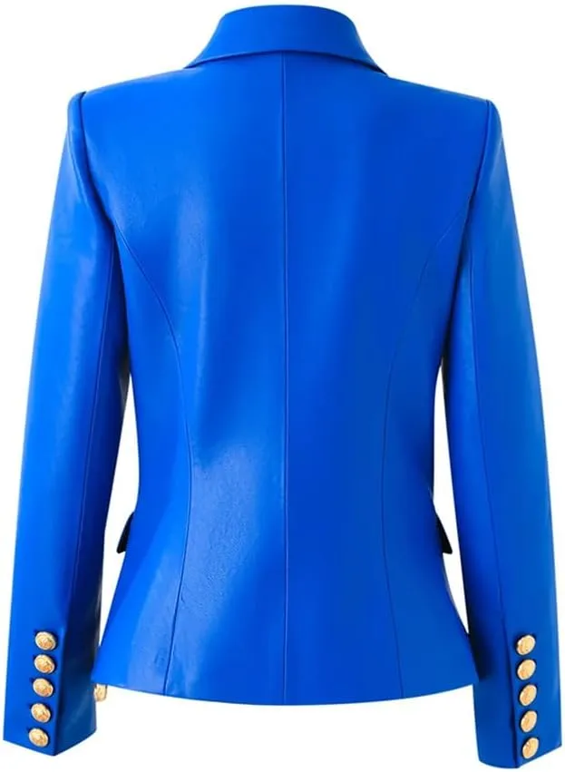 Women High Street Motorcycle PU Leather Biker Jackets Notched Lapel Gold Buttons Slim Blazers