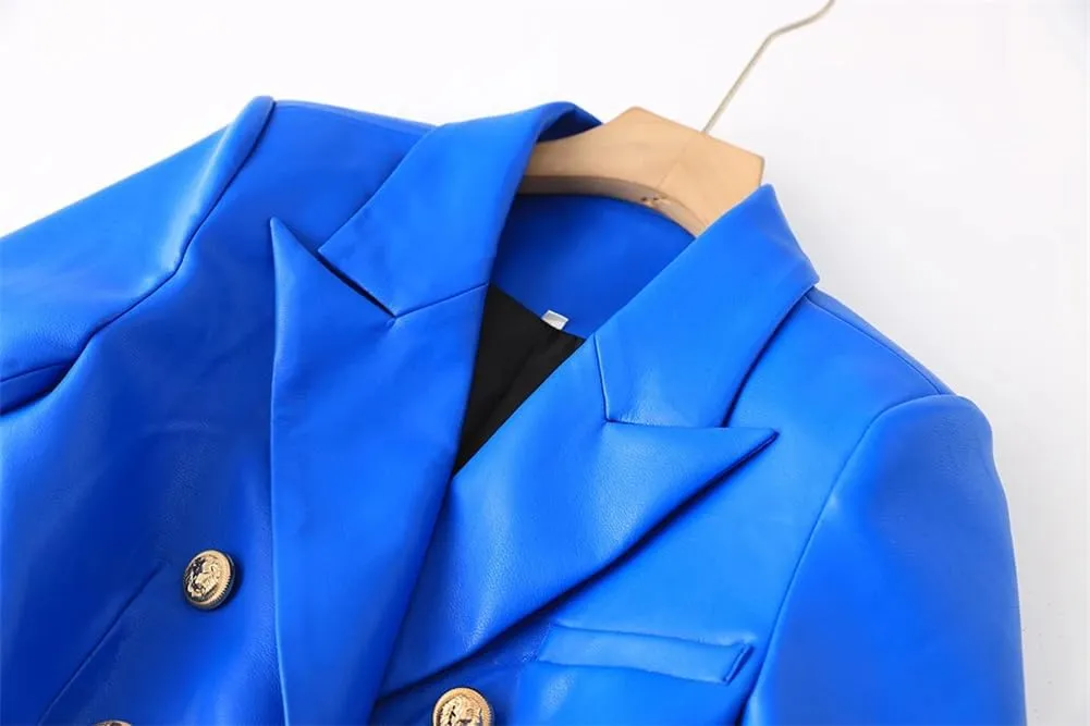 Women High Street Motorcycle PU Leather Biker Jackets Notched Lapel Gold Buttons Slim Blazers