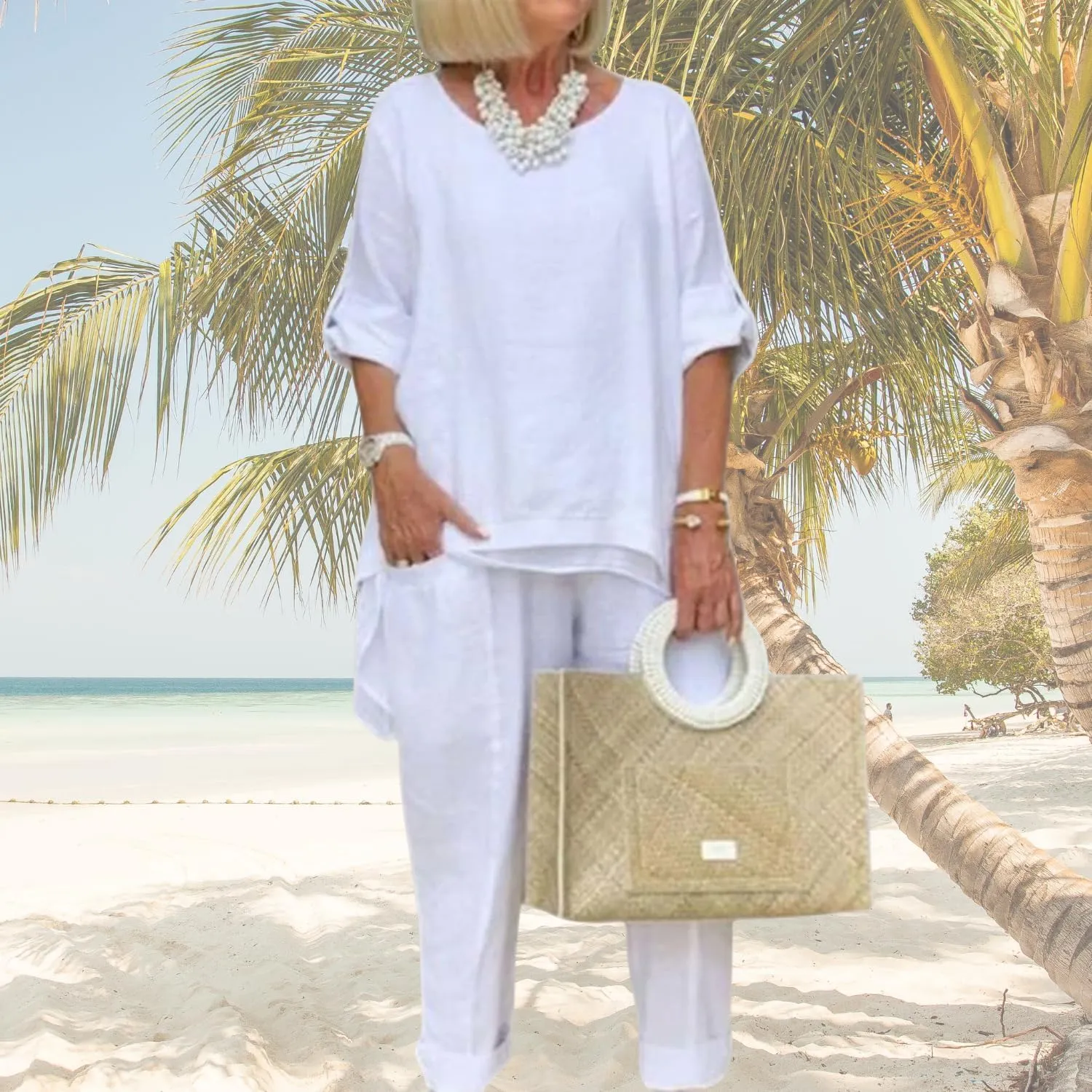 Women Linen Two Piece Pants Suit Dressy Long Sleeve Plus Size Linen Irregular Two Piece Set