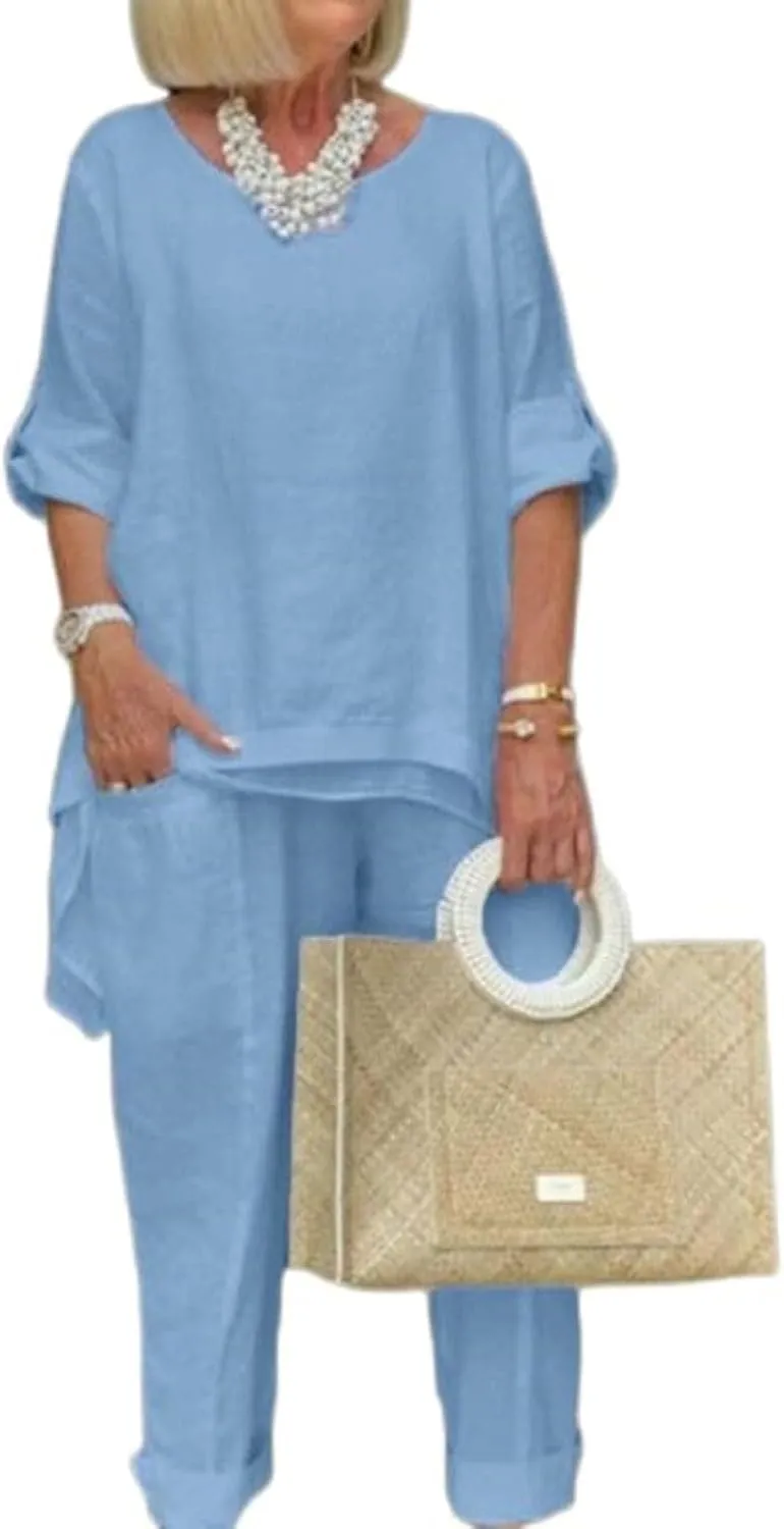 Women Linen Two Piece Pants Suit Dressy Long Sleeve Plus Size Linen Irregular Two Piece Set