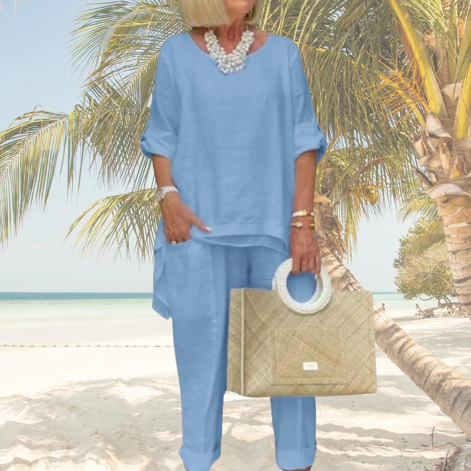 Women Linen Two Piece Pants Suit Dressy Long Sleeve Plus Size Linen Irregular Two Piece Set
