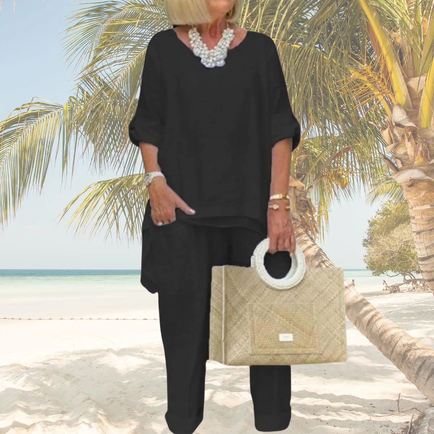 Women Linen Two Piece Pants Suit Dressy Long Sleeve Plus Size Linen Irregular Two Piece Set