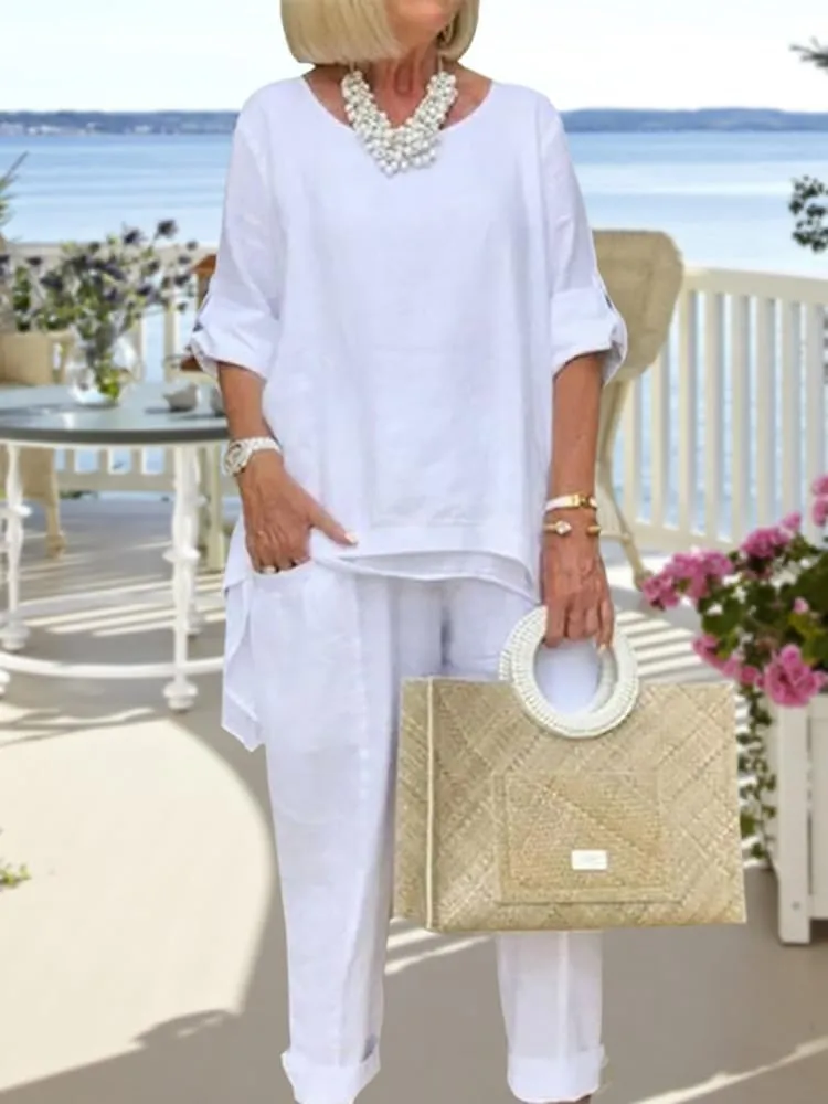 Women Linen Two Piece Pants Suit Dressy Long Sleeve Plus Size Linen Irregular Two Piece Set