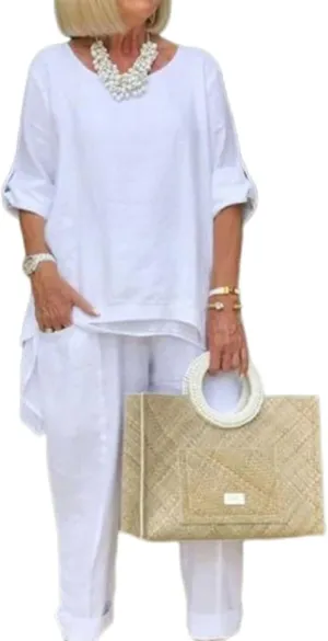 Women Linen Two Piece Pants Suit Dressy Long Sleeve Plus Size Linen Irregular Two Piece Set