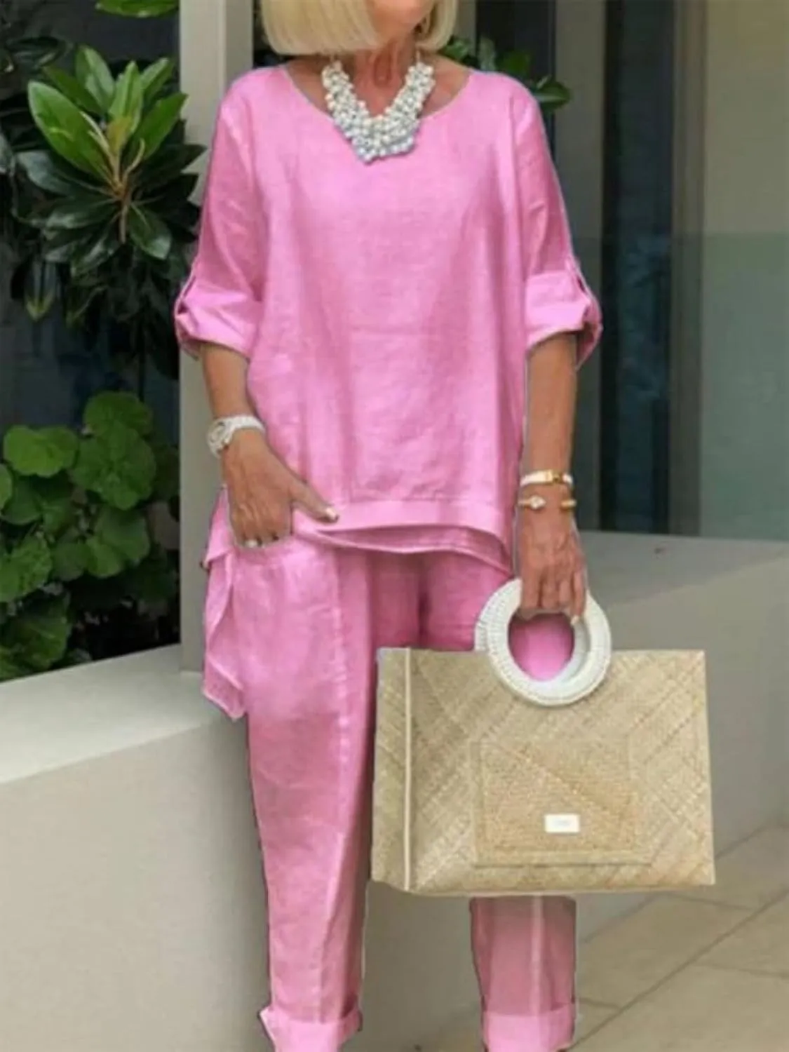 Women Linen Two Piece Pants Suit Dressy Long Sleeve Plus Size Linen Irregular Two Piece Set