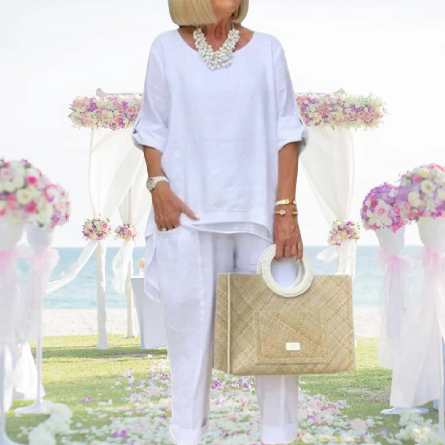 Women Linen Two Piece Pants Suit Dressy Long Sleeve Plus Size Linen Irregular Two Piece Set