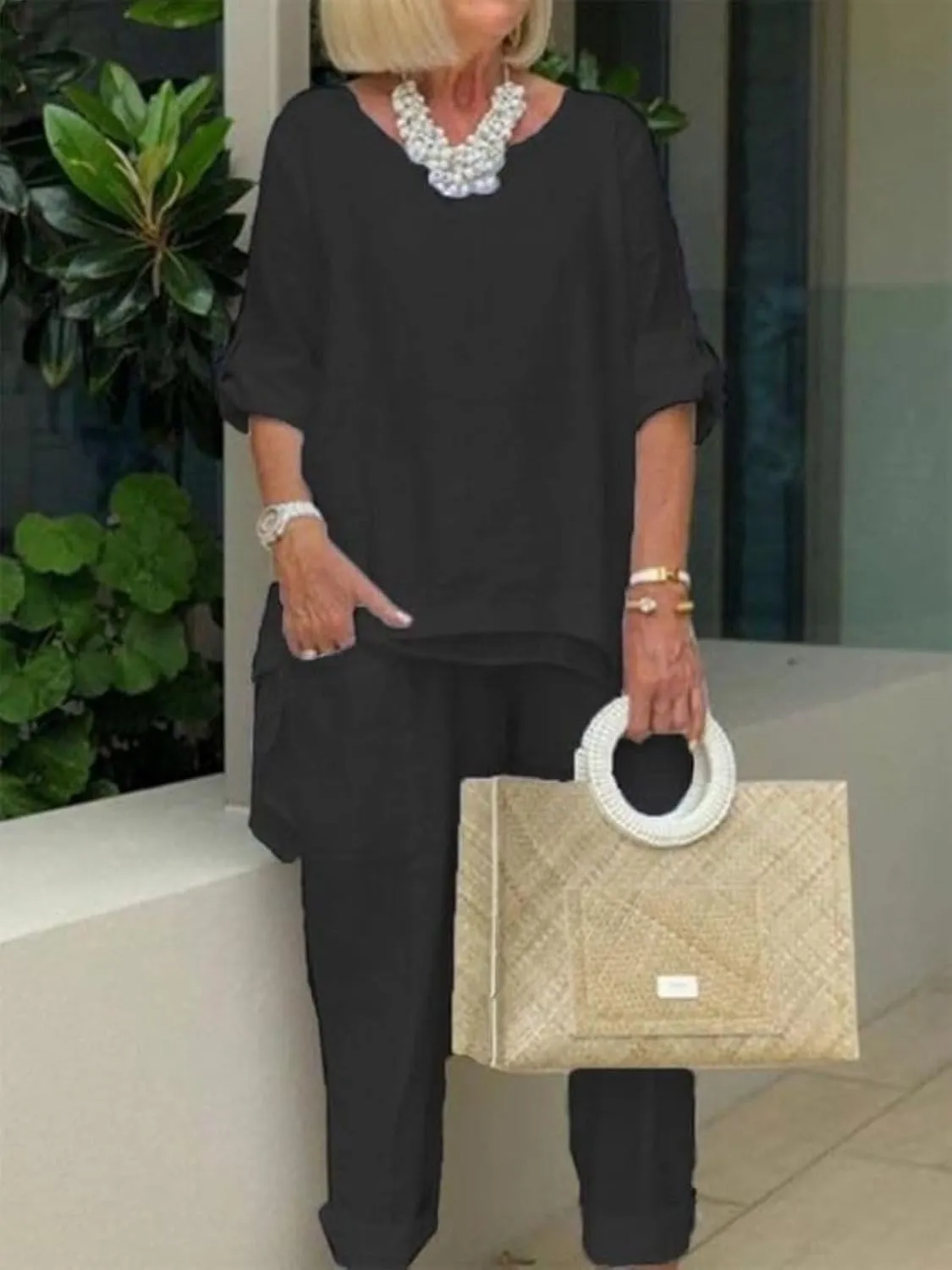 Women Linen Two Piece Pants Suit Dressy Long Sleeve Plus Size Linen Irregular Two Piece Set