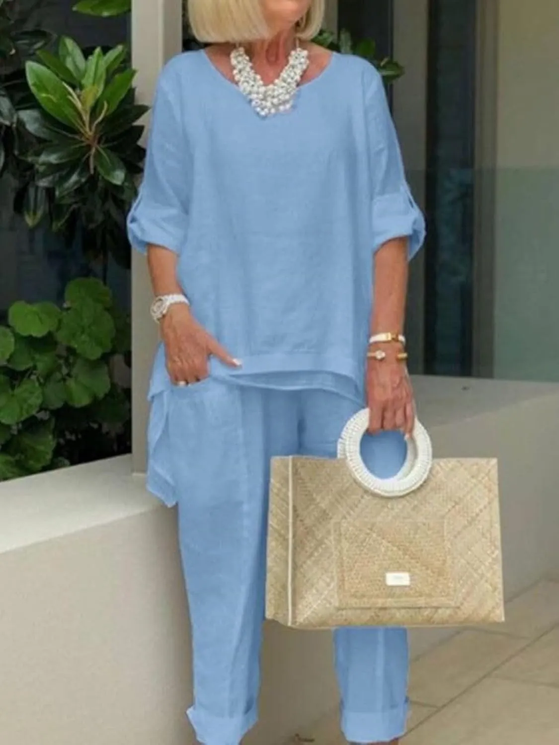 Women Linen Two Piece Pants Suit Dressy Long Sleeve Plus Size Linen Irregular Two Piece Set