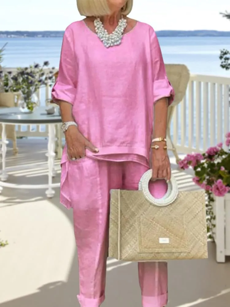 Women Linen Two Piece Pants Suit Dressy Long Sleeve Plus Size Linen Irregular Two Piece Set