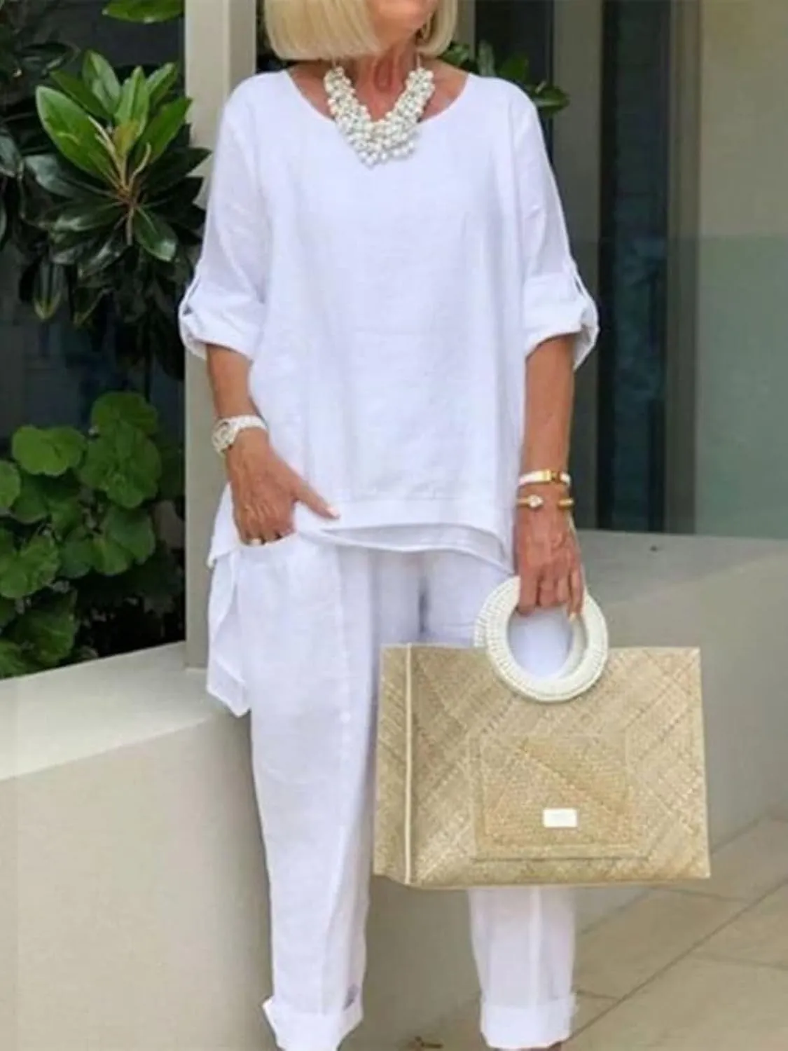 Women Linen Two Piece Pants Suit Dressy Long Sleeve Plus Size Linen Irregular Two Piece Set