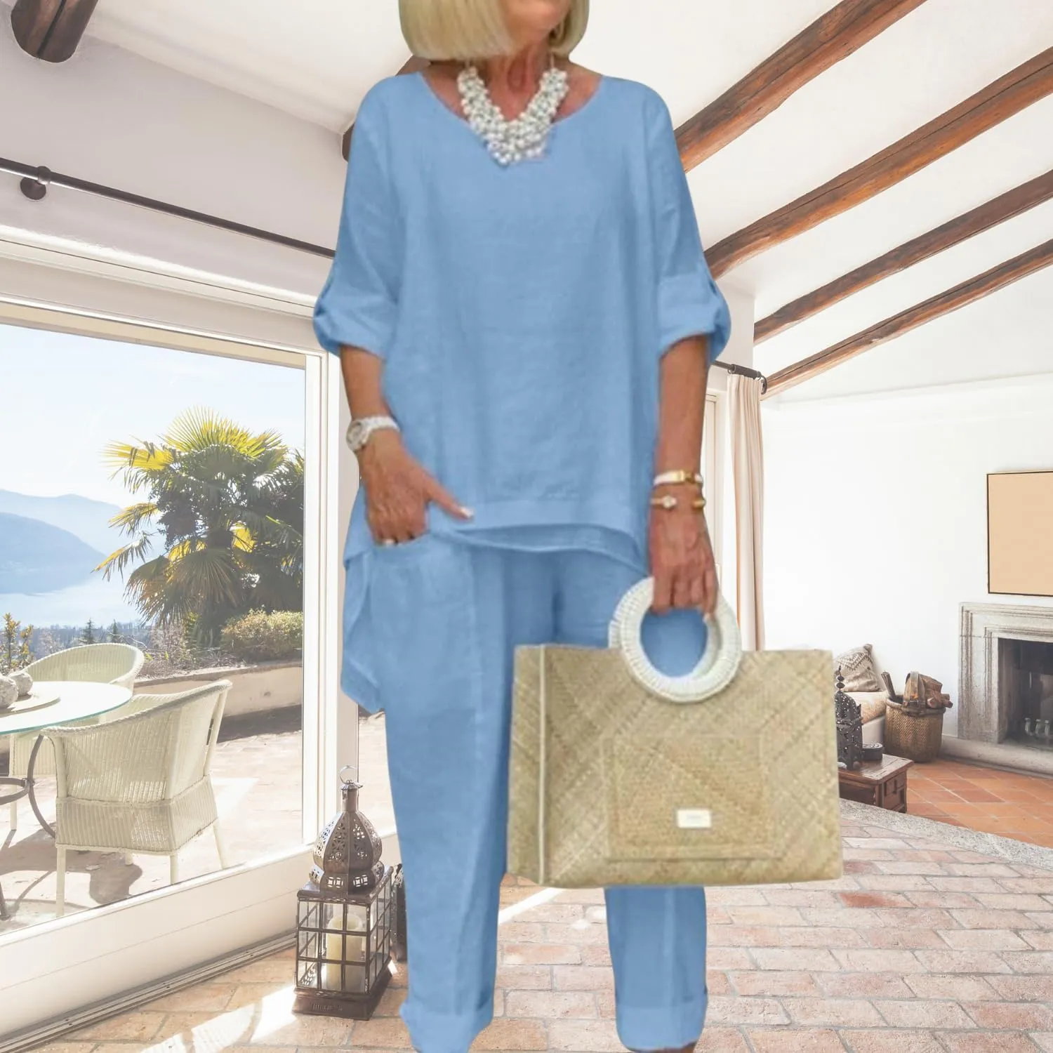 Women Linen Two Piece Pants Suit Dressy Long Sleeve Plus Size Linen Irregular Two Piece Set
