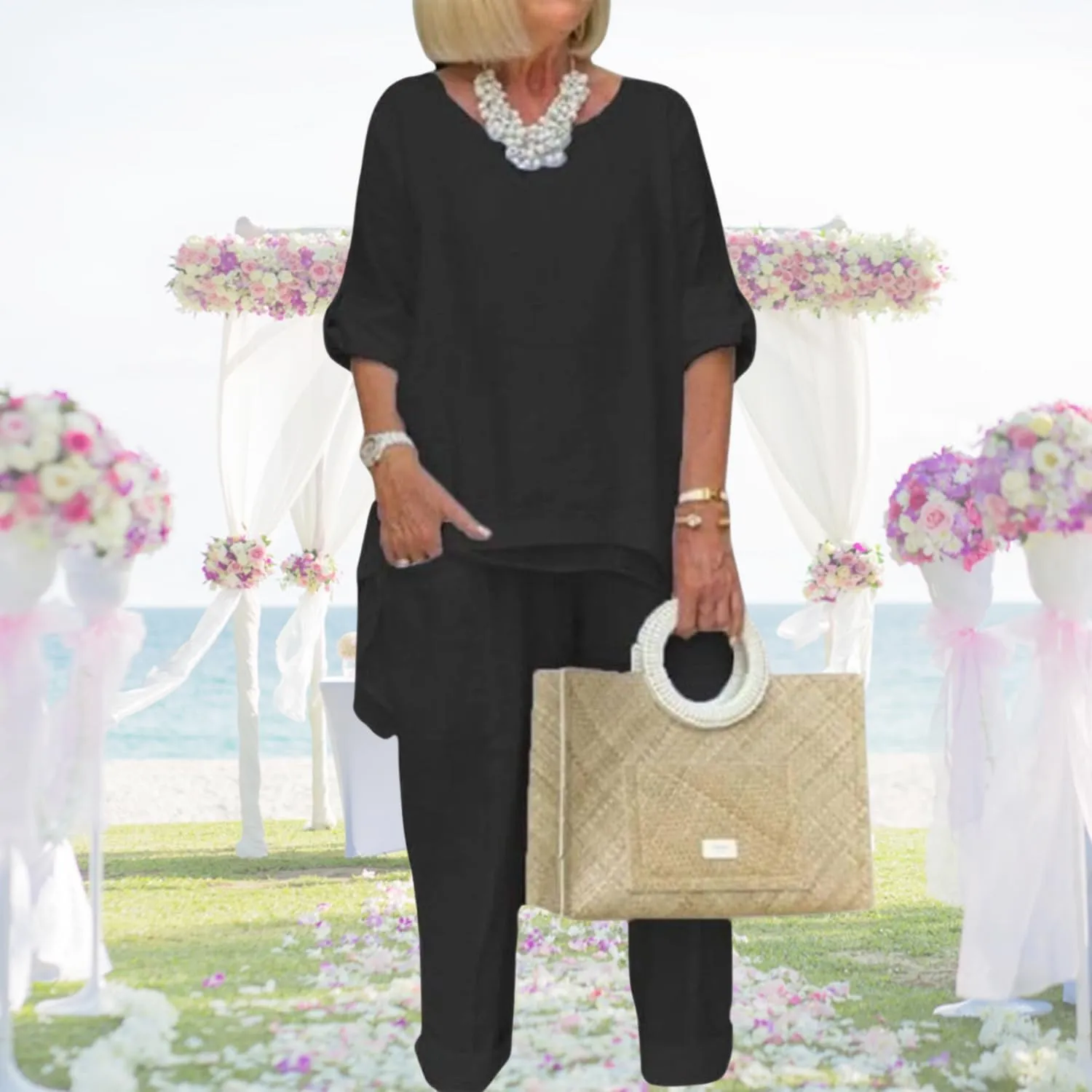 Women Linen Two Piece Pants Suit Dressy Long Sleeve Plus Size Linen Irregular Two Piece Set
