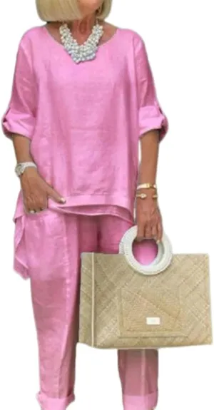 Women Linen Two Piece Pants Suit Dressy Long Sleeve Plus Size Linen Irregular Two Piece Set