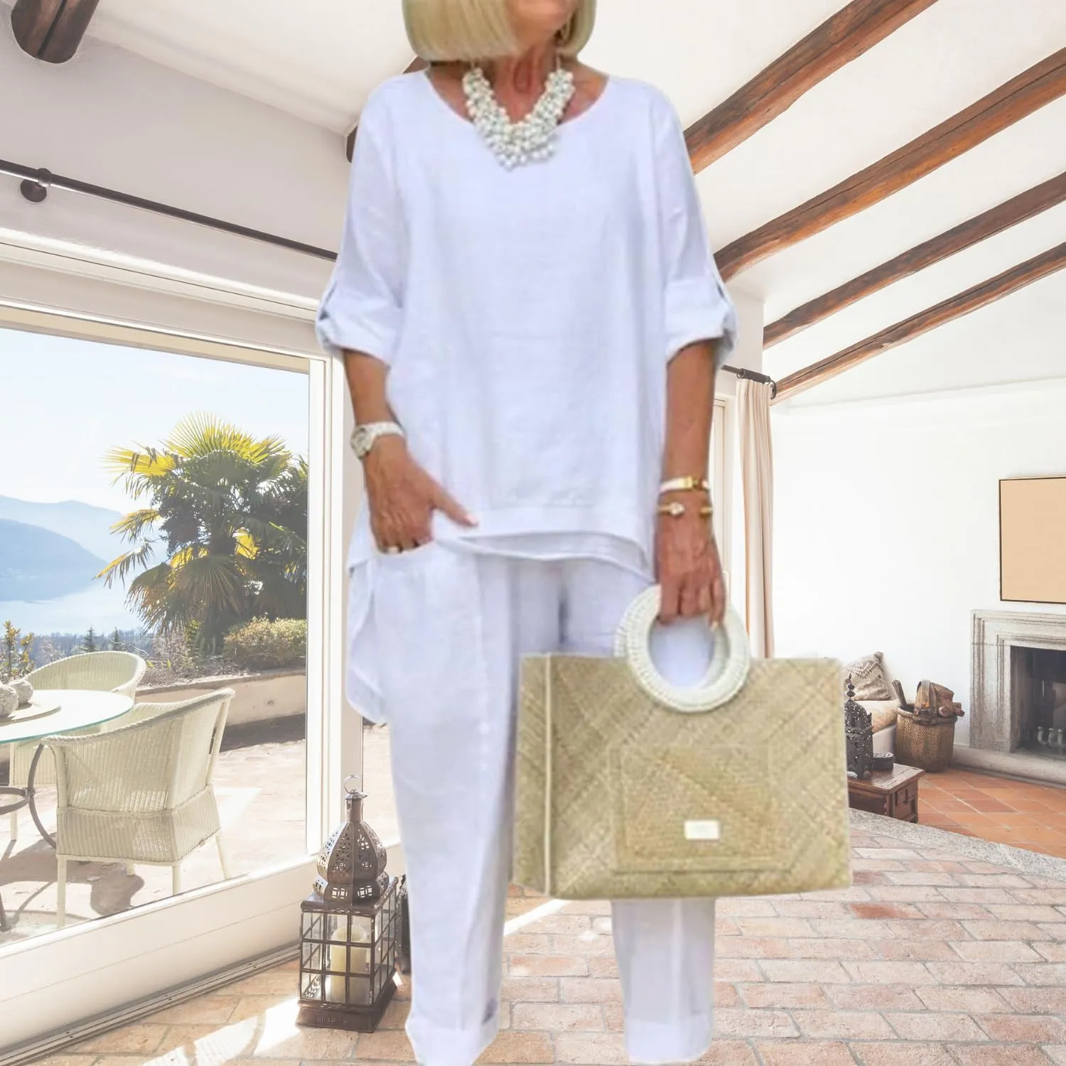 Women Linen Two Piece Pants Suit Dressy Long Sleeve Plus Size Linen Irregular Two Piece Set