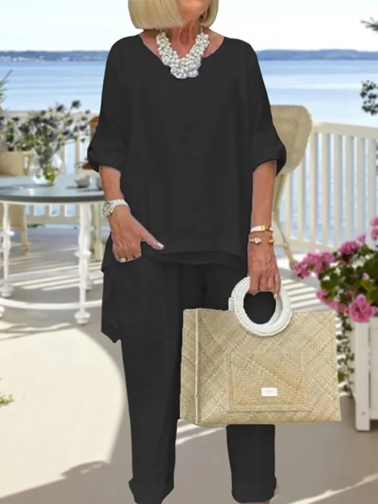 Women Linen Two Piece Pants Suit Dressy Long Sleeve Plus Size Linen Irregular Two Piece Set