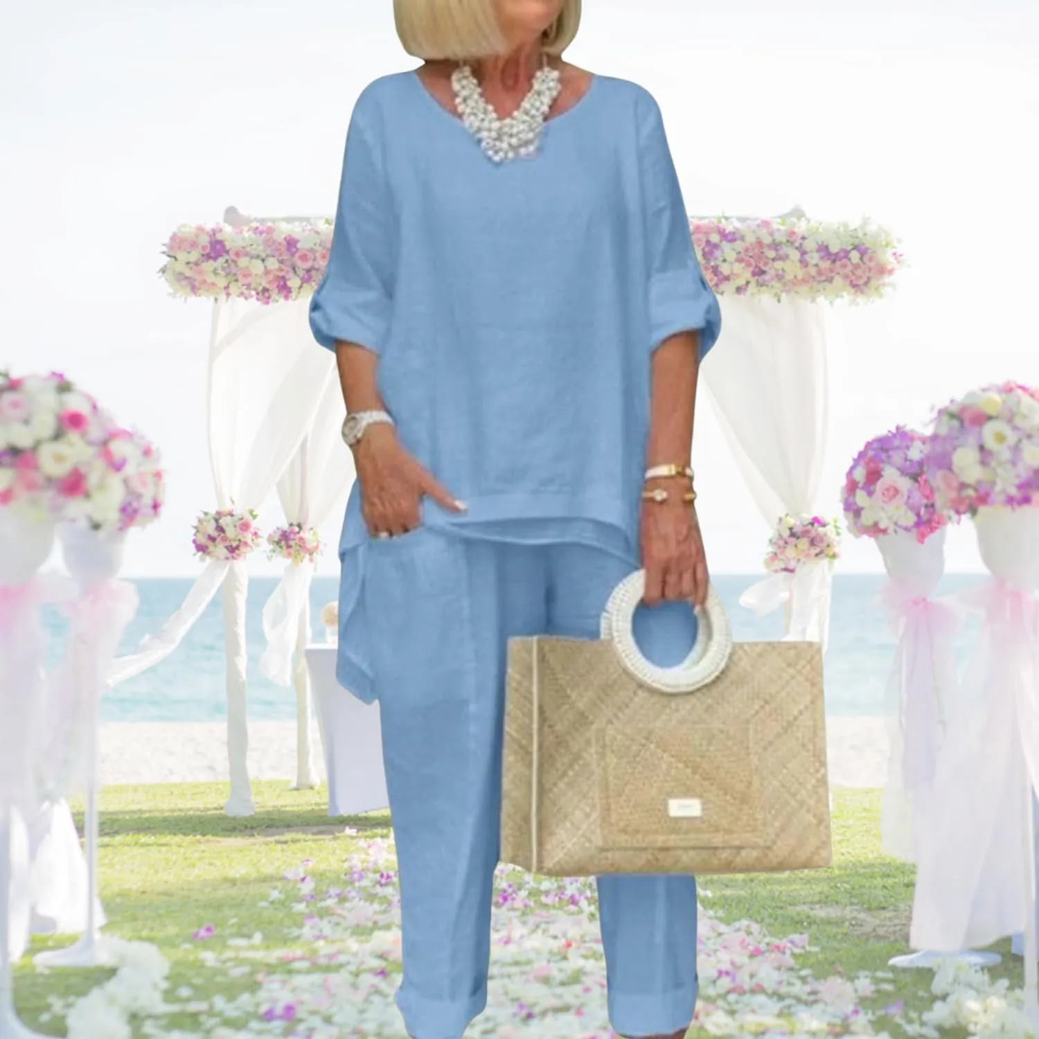 Women Linen Two Piece Pants Suit Dressy Long Sleeve Plus Size Linen Irregular Two Piece Set