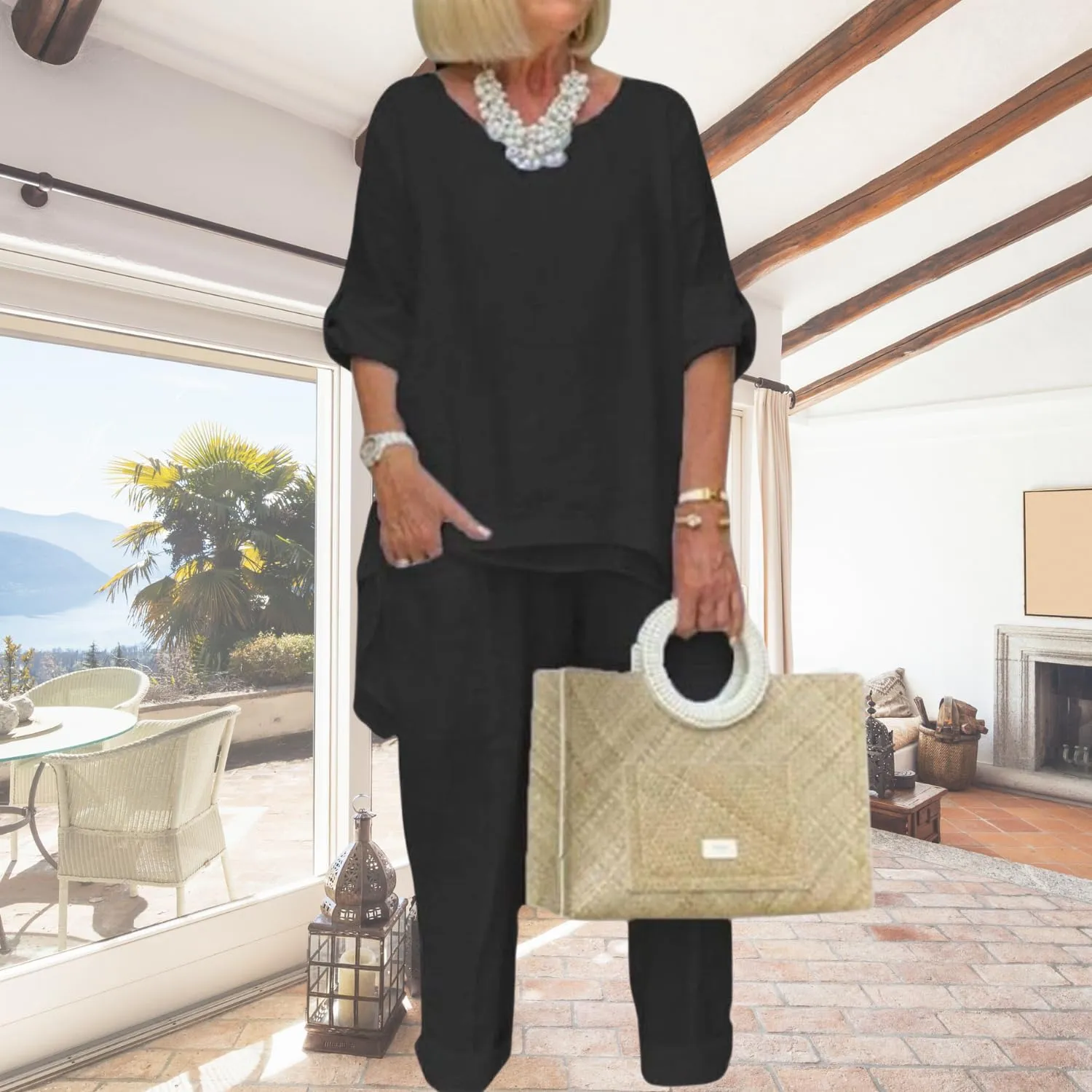 Women Linen Two Piece Pants Suit Dressy Long Sleeve Plus Size Linen Irregular Two Piece Set