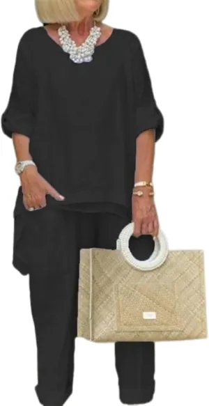 Women Linen Two Piece Pants Suit Dressy Long Sleeve Plus Size Linen Irregular Two Piece Set