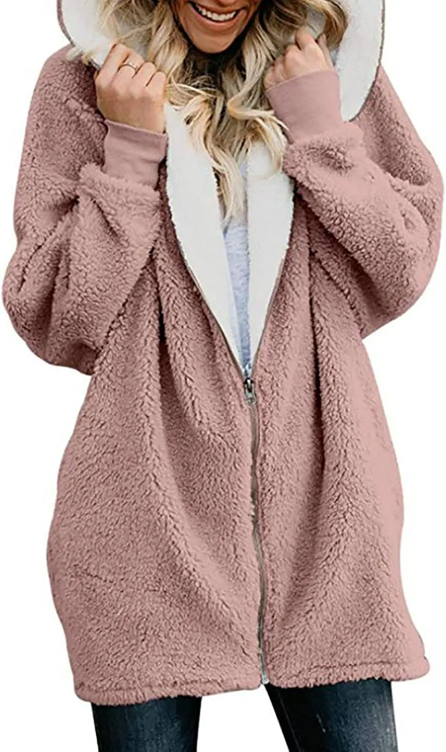 Women Teen Girls Plush Sherpa Jackets Zip Hoodie Quilted Lightweight Wool Blend Fleece Winter Trench Coats Outerwear