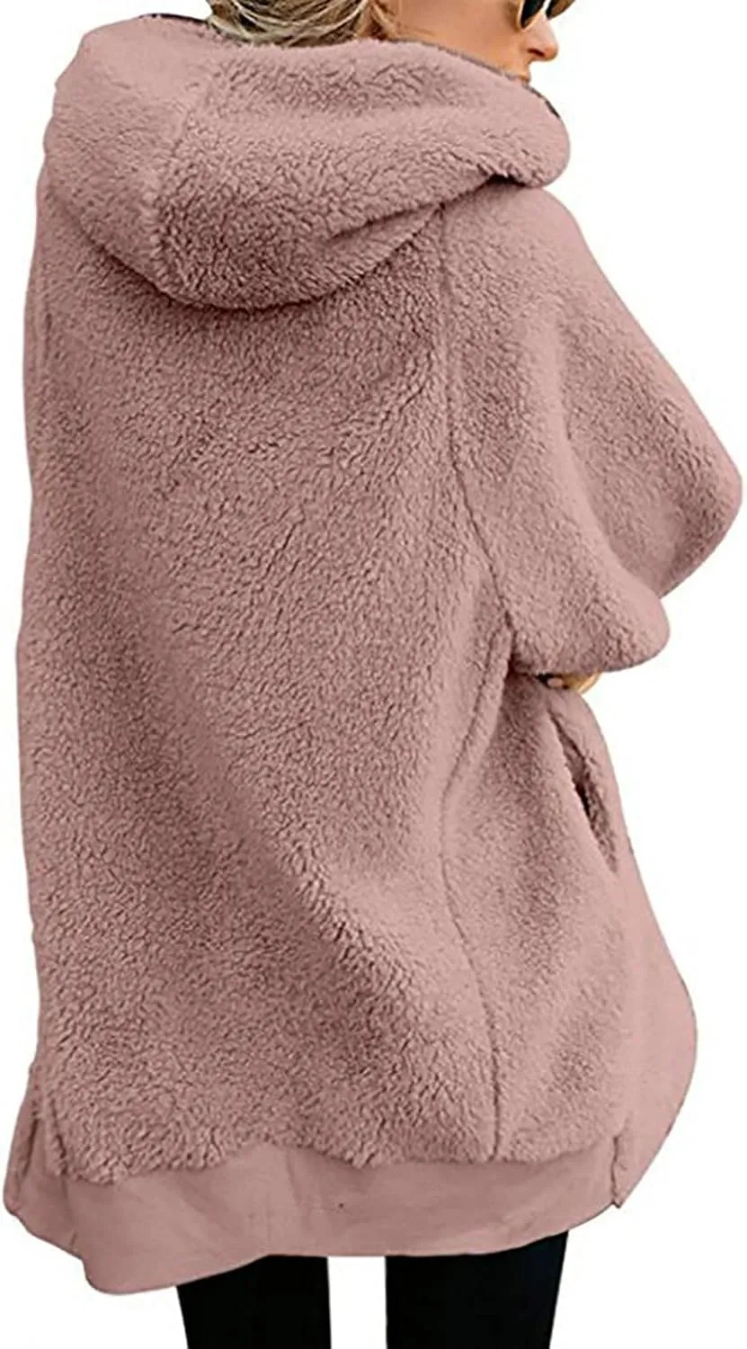 Women Teen Girls Plush Sherpa Jackets Zip Hoodie Quilted Lightweight Wool Blend Fleece Winter Trench Coats Outerwear