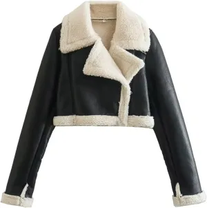 Women Winter Leather Jacket Thicken Fleece Lined Motorcycle Jacket Faux Fur Shearling Fluffy Coat Bomber Coats
