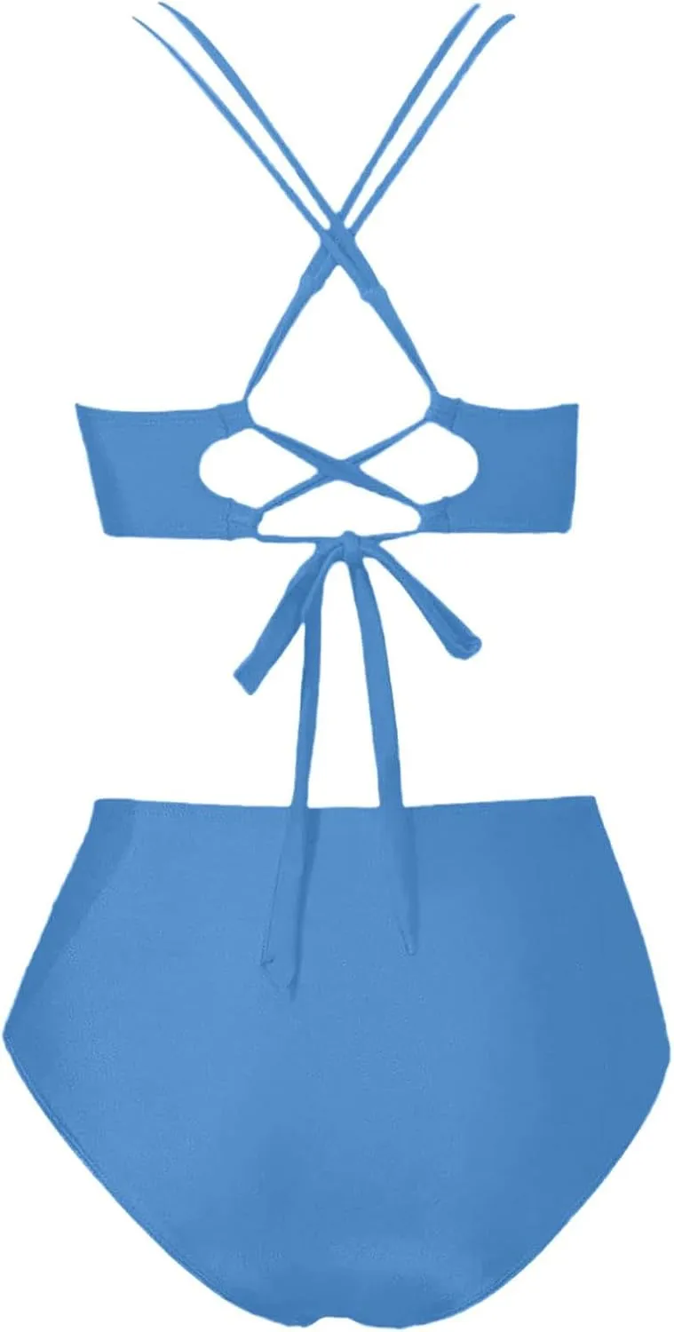 Womens Bikini Swimsuits Two Piece High Waist Bathing Suits Double Shoulder Straps Front Cross Sexy Swimwear