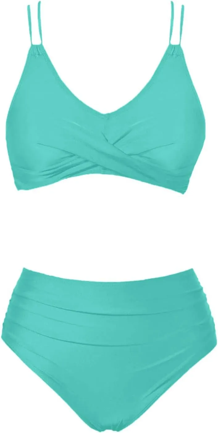 Womens Bikini Swimsuits Two Piece High Waist Bathing Suits Double Shoulder Straps Front Cross Sexy Swimwear