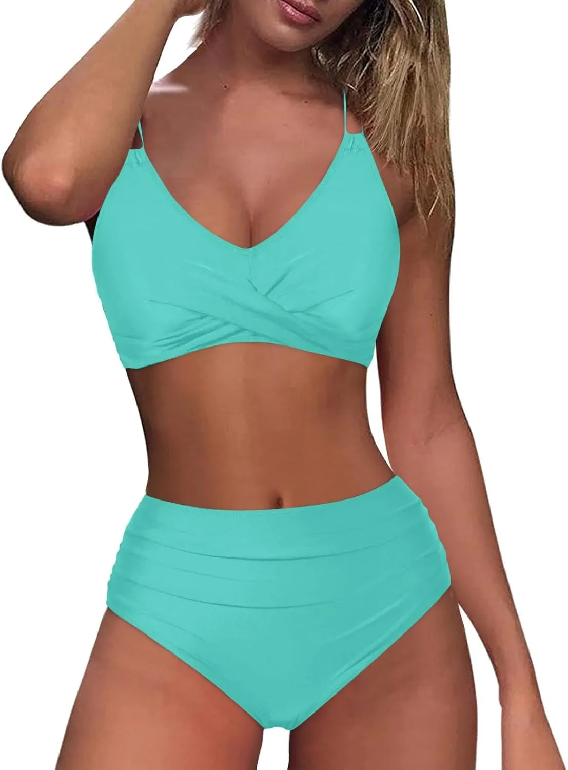 Womens Bikini Swimsuits Two Piece High Waist Bathing Suits Double Shoulder Straps Front Cross Sexy Swimwear