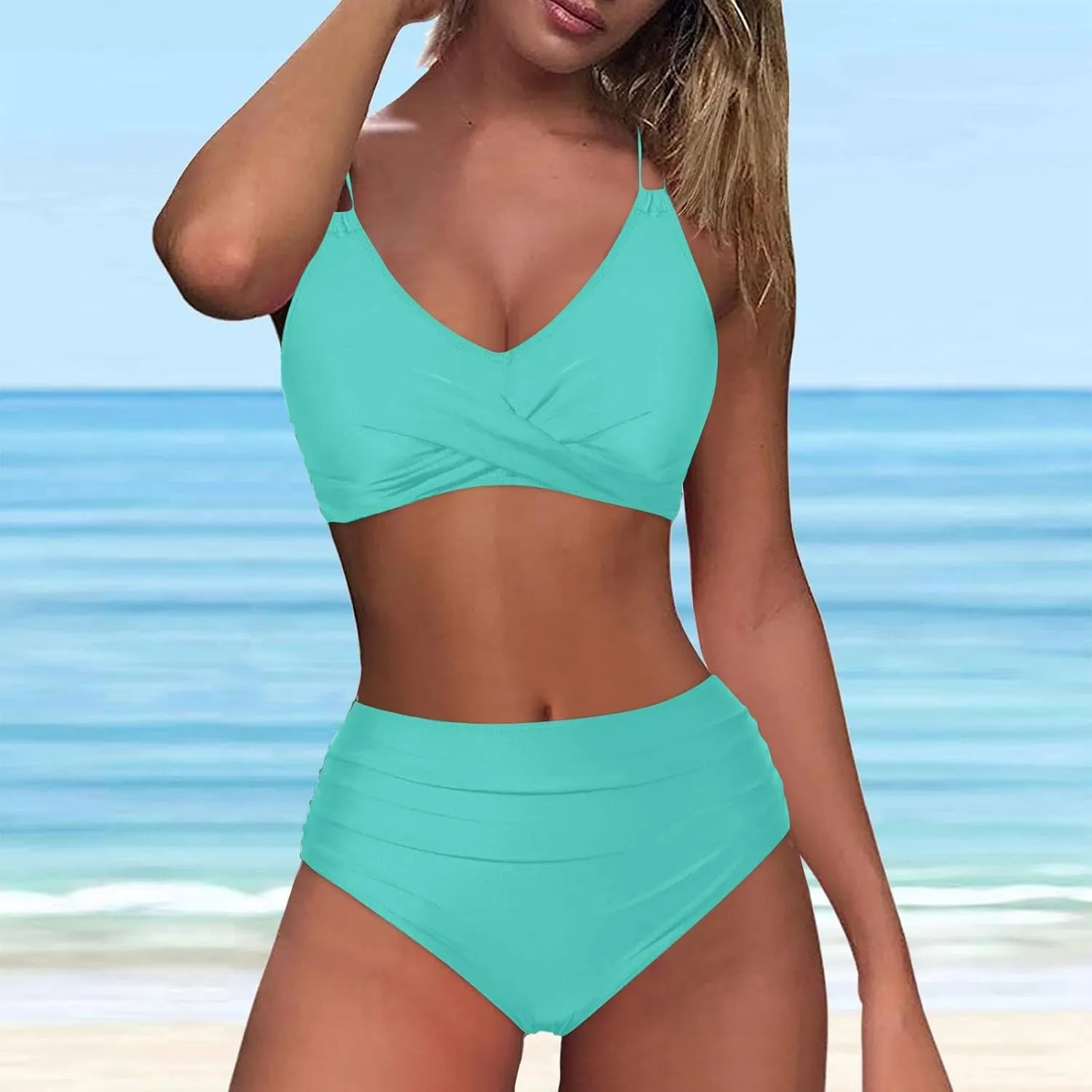 Womens Bikini Swimsuits Two Piece High Waist Bathing Suits Double Shoulder Straps Front Cross Sexy Swimwear
