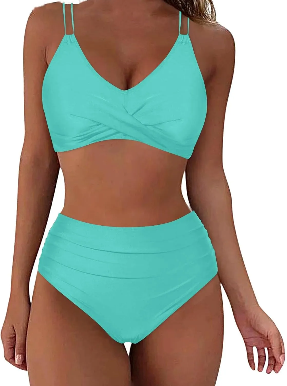 Womens Bikini Swimsuits Two Piece High Waist Bathing Suits Double Shoulder Straps Front Cross Sexy Swimwear