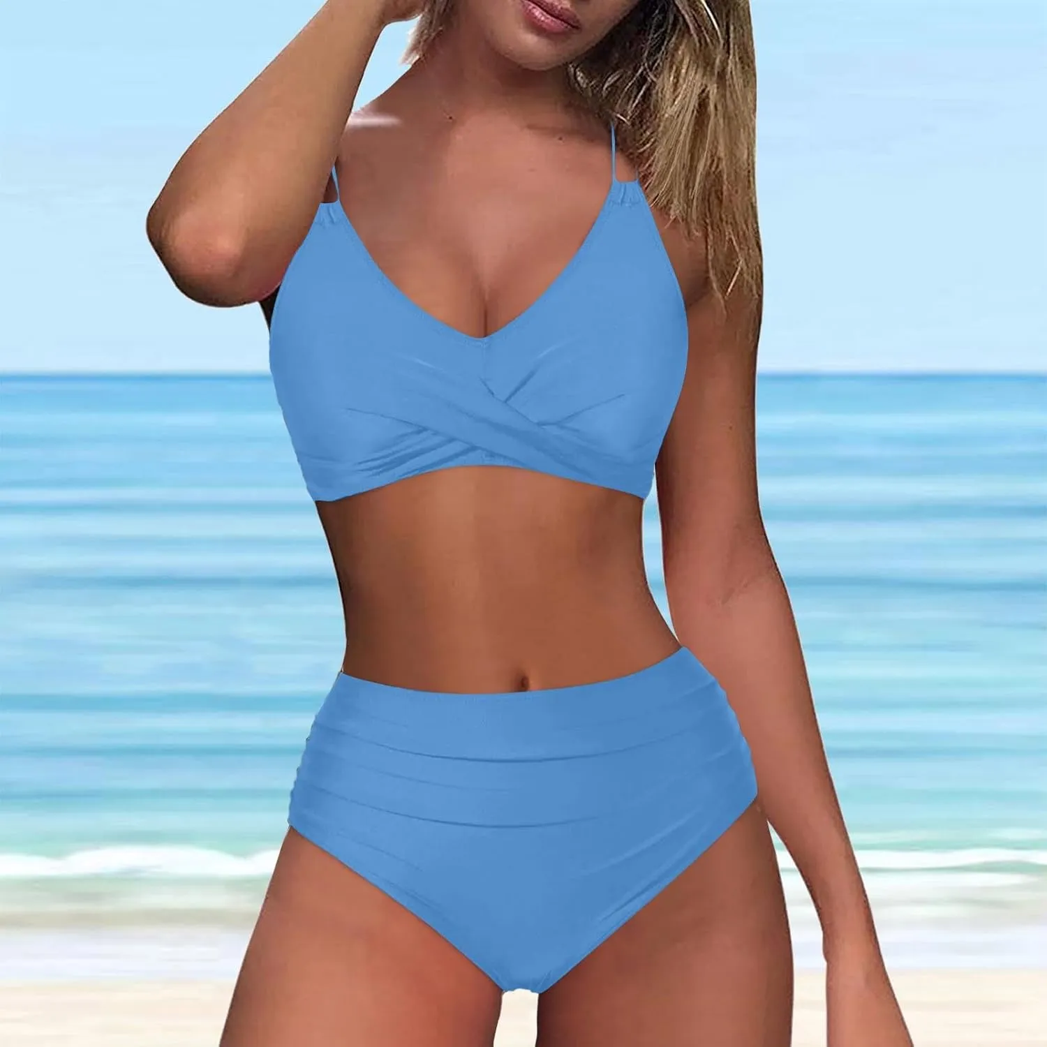 Womens Bikini Swimsuits Two Piece High Waist Bathing Suits Double Shoulder Straps Front Cross Sexy Swimwear
