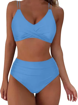 Womens Bikini Swimsuits Two Piece High Waist Bathing Suits Double Shoulder Straps Front Cross Sexy Swimwear
