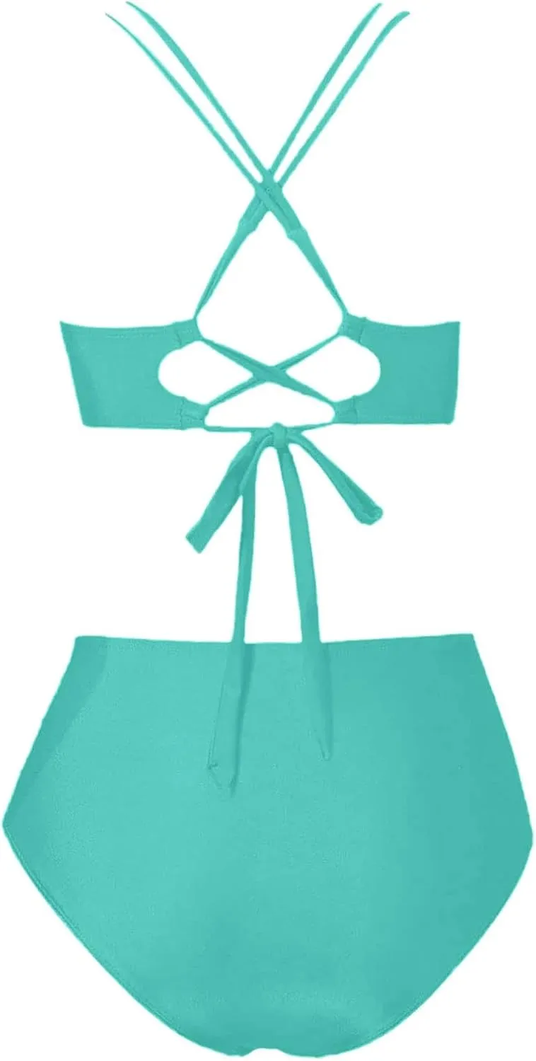 Womens Bikini Swimsuits Two Piece High Waist Bathing Suits Double Shoulder Straps Front Cross Sexy Swimwear