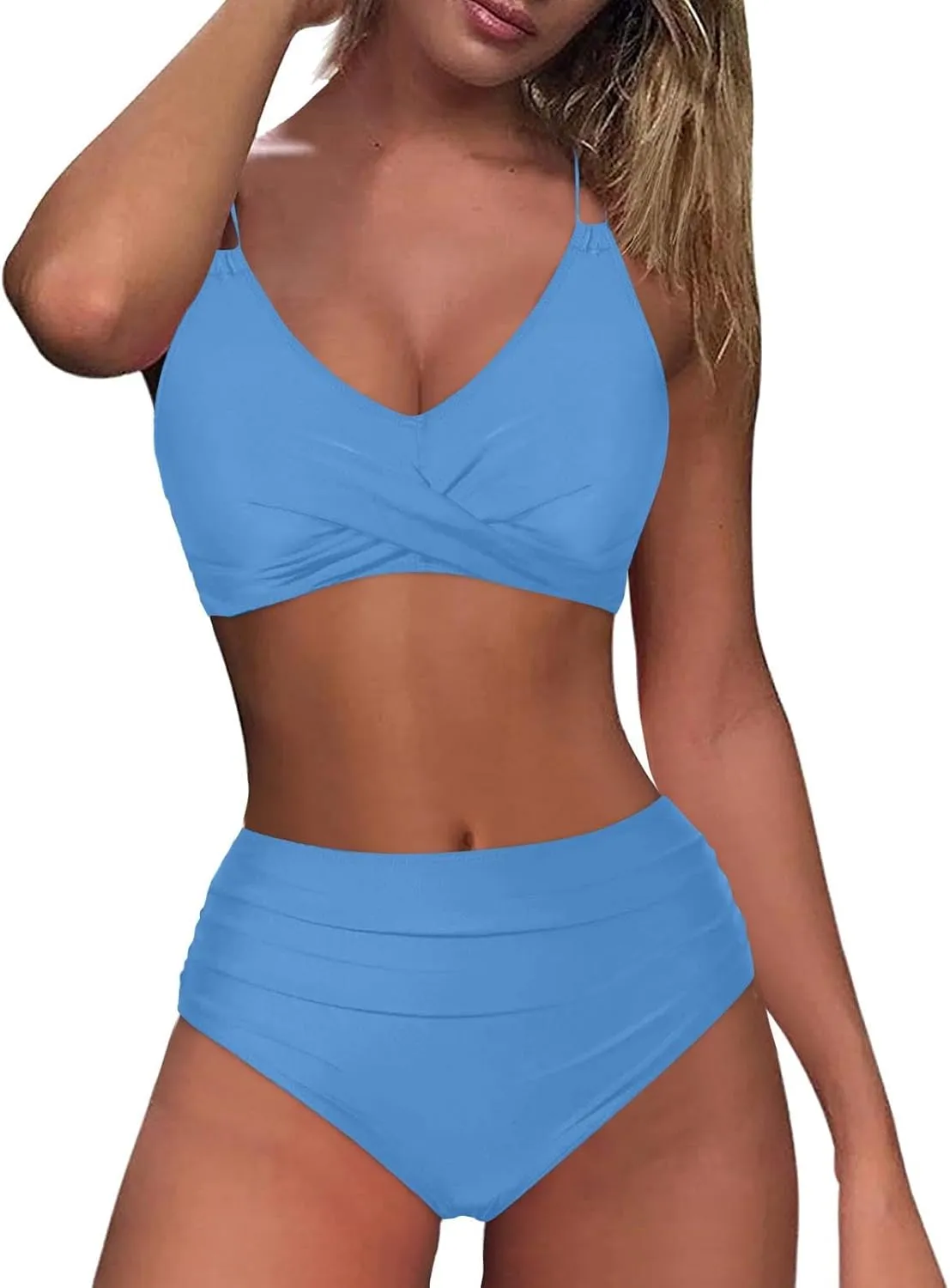 Womens Bikini Swimsuits Two Piece High Waist Bathing Suits Double Shoulder Straps Front Cross Sexy Swimwear