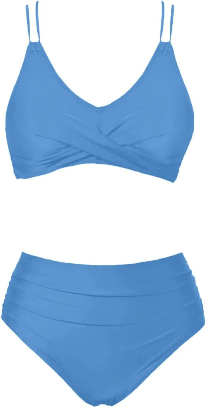Womens Bikini Swimsuits Two Piece High Waist Bathing Suits Double Shoulder Straps Front Cross Sexy Swimwear