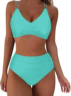 Womens Bikini Swimsuits Two Piece High Waist Bathing Suits Double Shoulder Straps Front Cross Sexy Swimwear