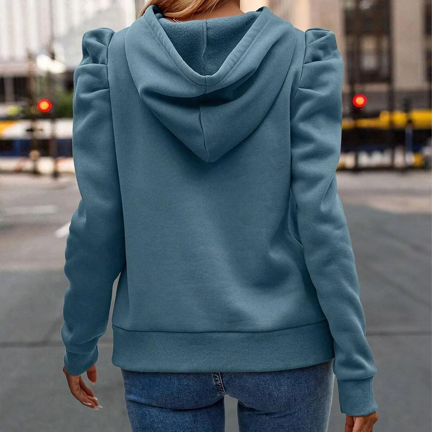 Womens Casual Cropped Hoodies Long Puff Sleeve Crop Tunics Pullover Drawstring Cute Tops Trendy Fall Outfits 2024