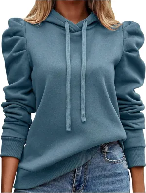 Womens Casual Cropped Hoodies Long Puff Sleeve Crop Tunics Pullover Drawstring Cute Tops Trendy Fall Outfits 2024